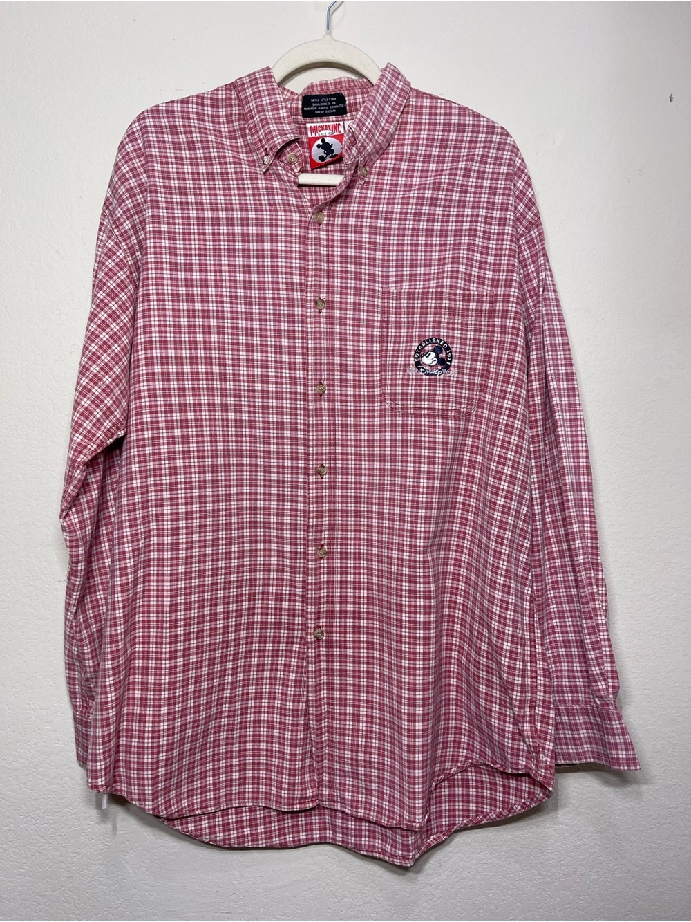 Disney Mickey Mouse Plaid Button-Up Shirt Men’s Large Red White Long Sleeve